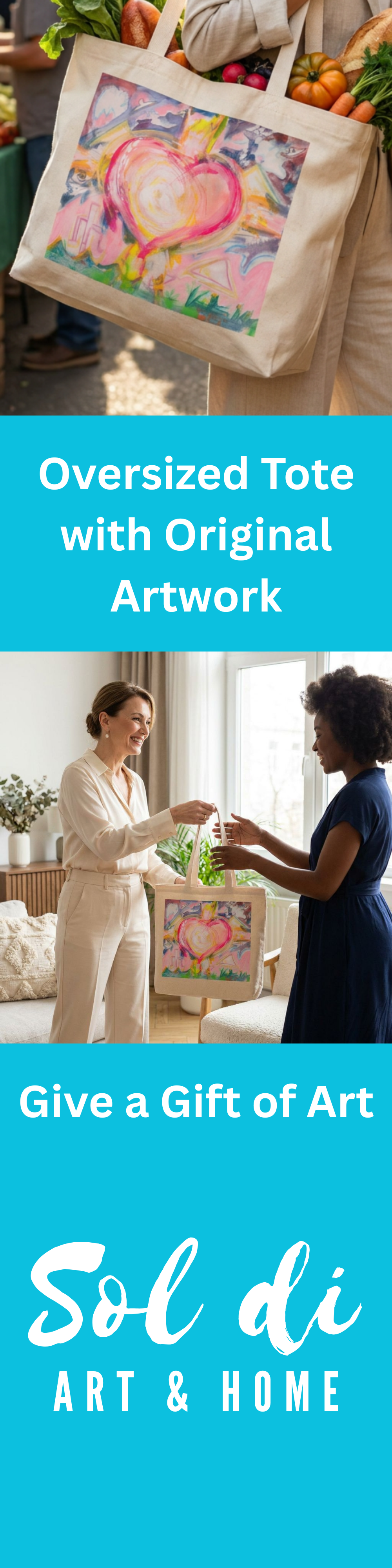 Oversized Tote Bag Heart Painting Print Fine Art Home Decor Colorful Modern Abstract Gift Idea for Art Lovers Canvas Custom Personalized