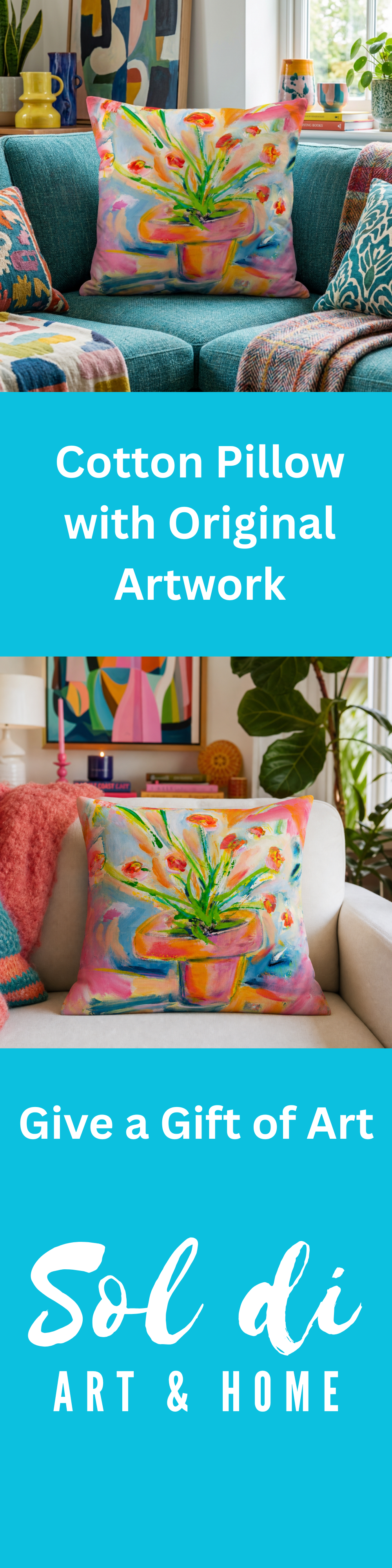 Cotton Pillow Floral Painting Print Fine Art Home Decor Colorful Modern Abstract Gift Idea for Art Lovers Custom Personalized Throw Accent