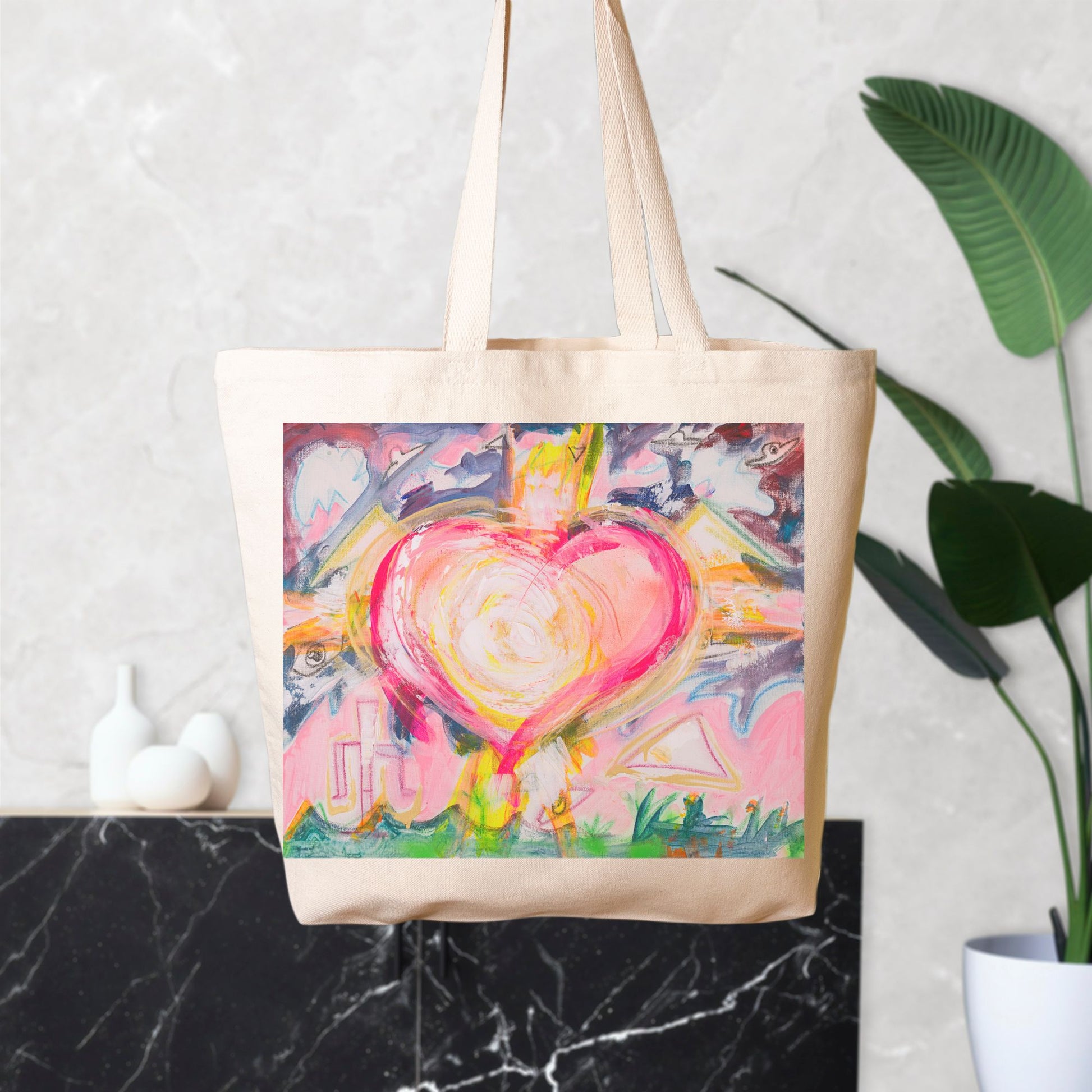 Oversized Tote Bag Heart Painting Print Fine Art Home Decor Colorful Modern Abstract Gift Idea for Art Lovers Canvas Custom Personalized