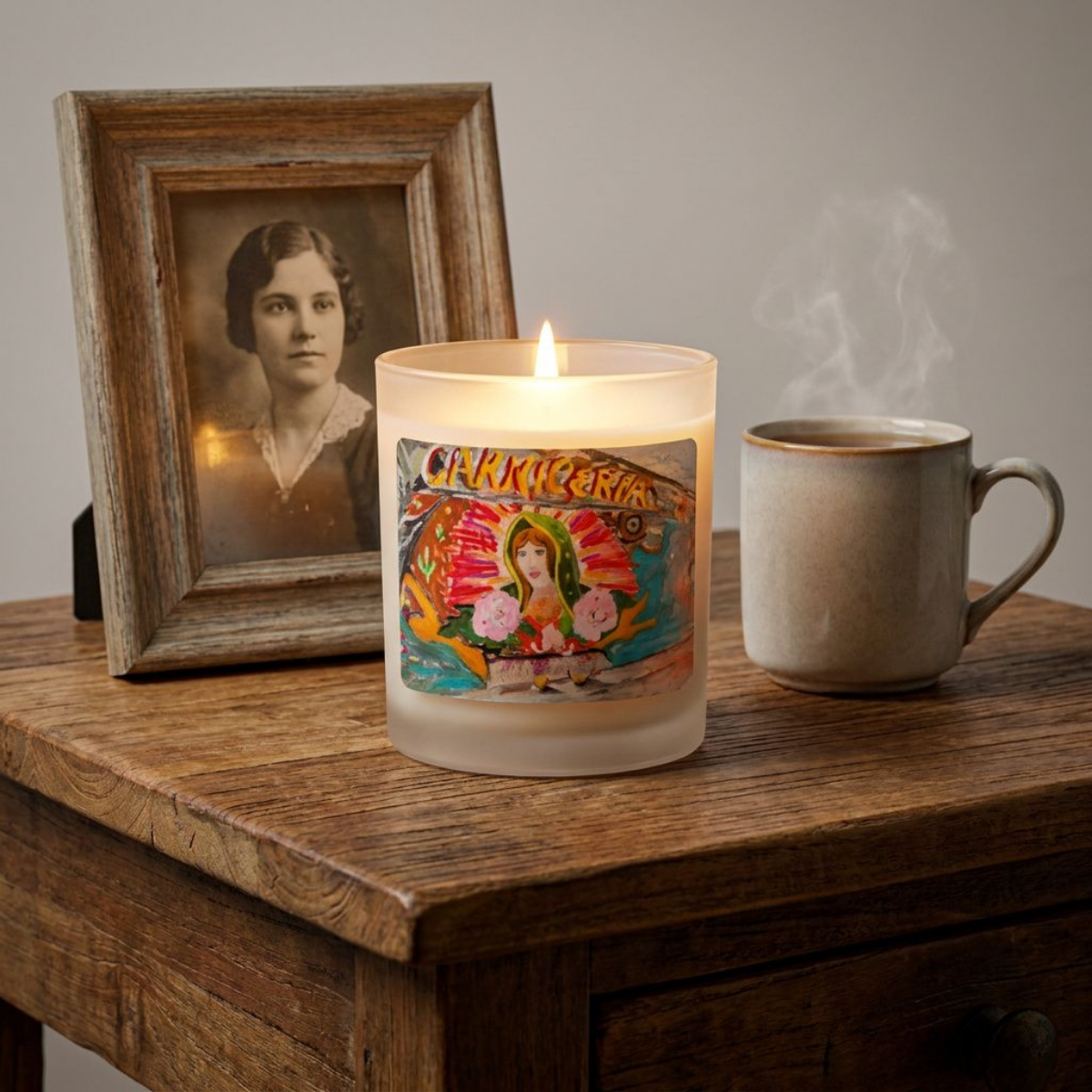 Candle Frosted Glass Madonna Hand Poured Gift Idea for Housewarming Fine Art Home Decor Colorful Modern Devotional Prayer Novena Vigil