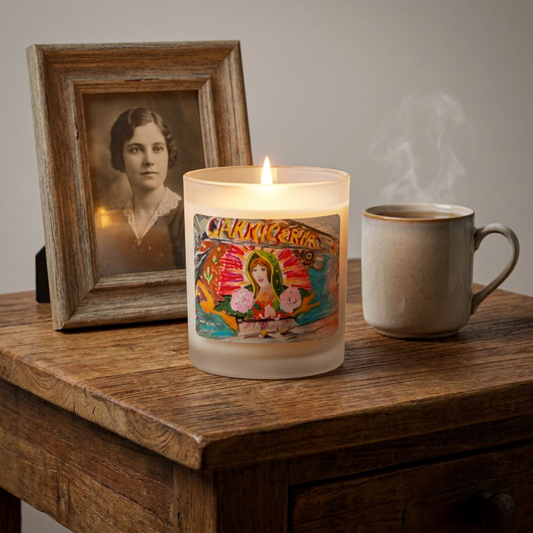 Candle Frosted Glass Madonna Hand Poured Gift Idea for Housewarming Fine Art Home Decor Colorful Modern Devotional Prayer Novena Vigil