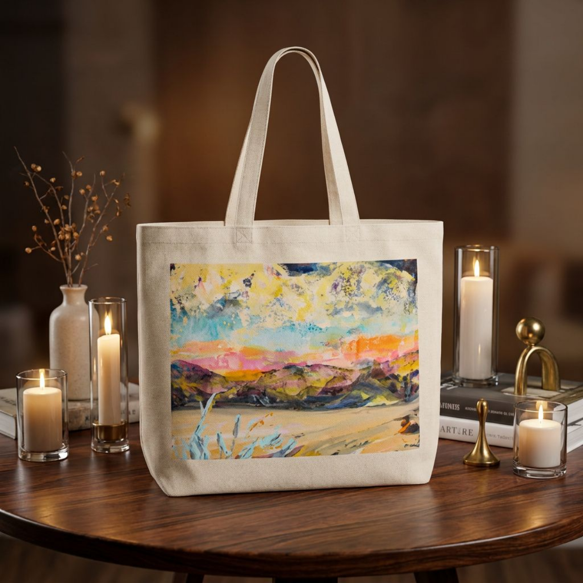Oversized Tote Bag Desert Landscape Painting Fine Art Home Decor Colorful Modern Abstract Gift Idea for Art Lovers Canvas Cotton Large Purse