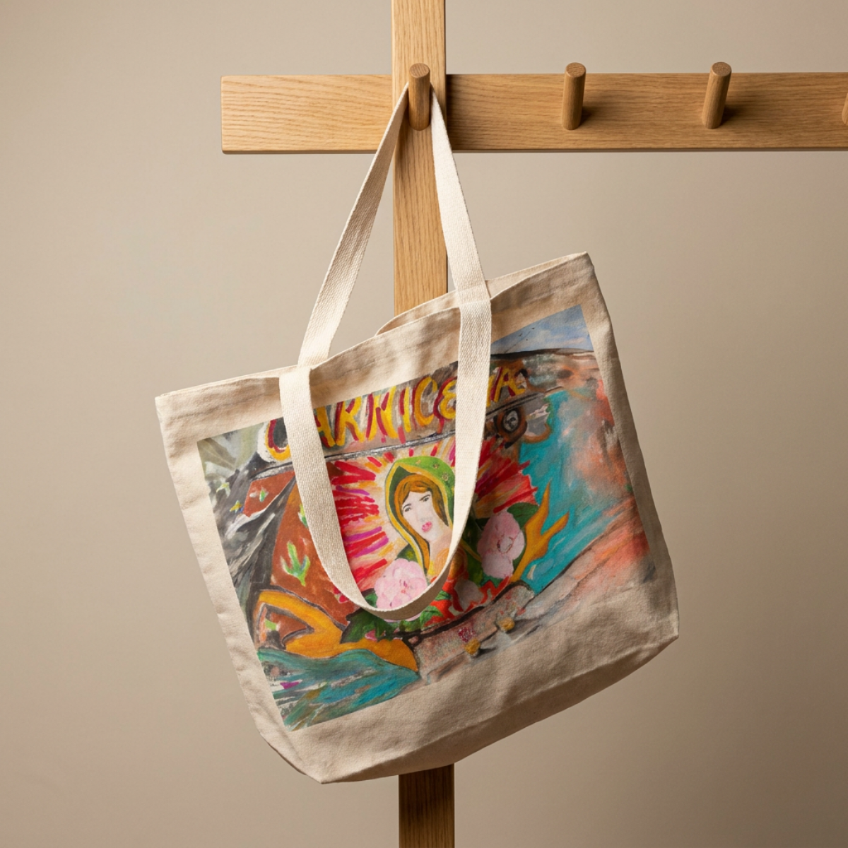 Oversized Tote Madonna Religious Painting Print Colorful Modern Home Décor Fine Art Gift Idea for Art Lovers Christian Large Purse Cotton