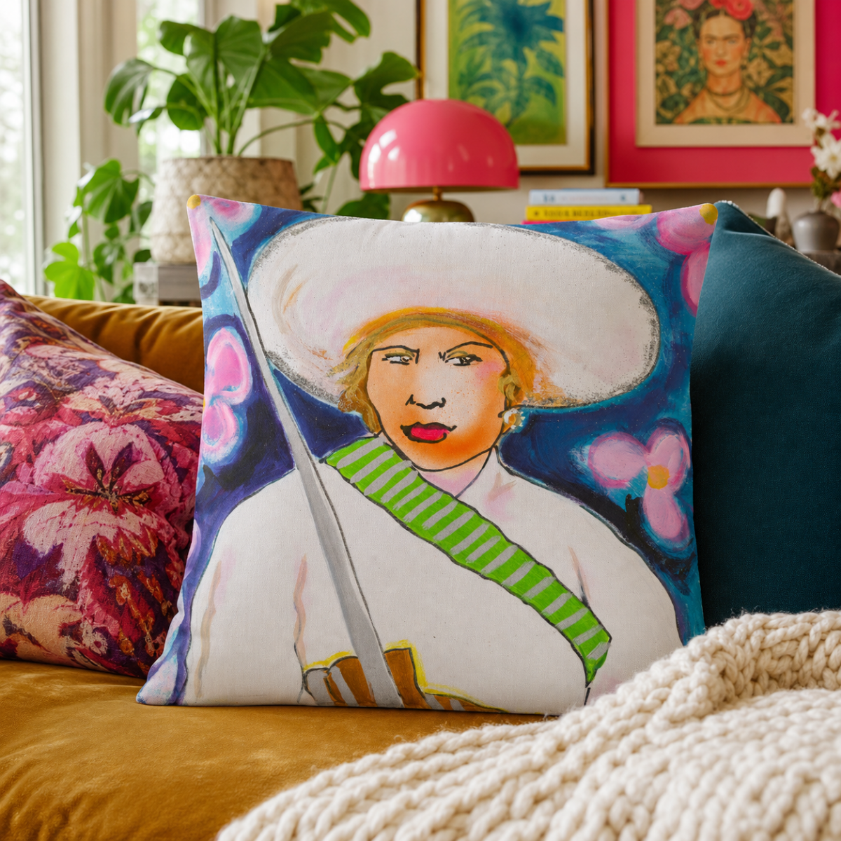 Cotton Pillow Woman Painting Portrait Print Colorful Modern Home Décor Fine Art Gift Idea for Art Lovers Nature Abstract Hispanic Housewarming