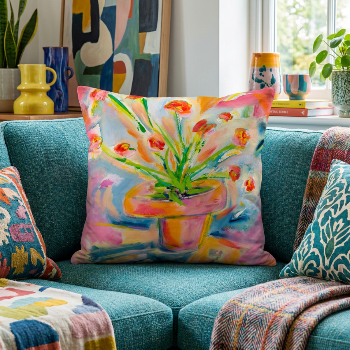 Cotton Pillow Floral Painting Print Fine Art Home Decor Colorful Modern Abstract Gift Idea for Art Lovers Custom Personalized Throw Accent