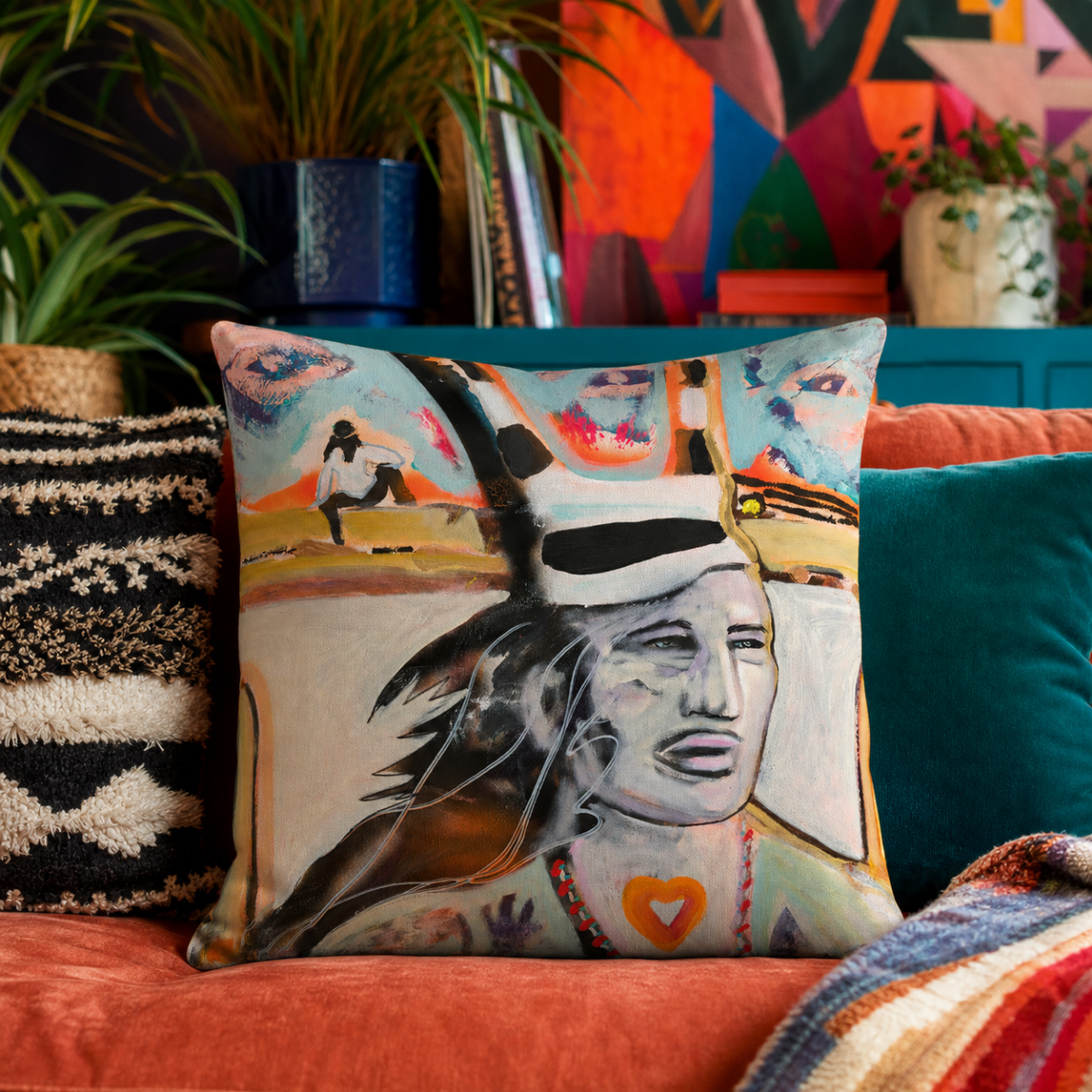 Cotton Pillow Hopi Native Modern Colorful Home Décor Fine Art Painting Print Abstract Gift Idea for Art Lovers Nature Housewarming Landscape