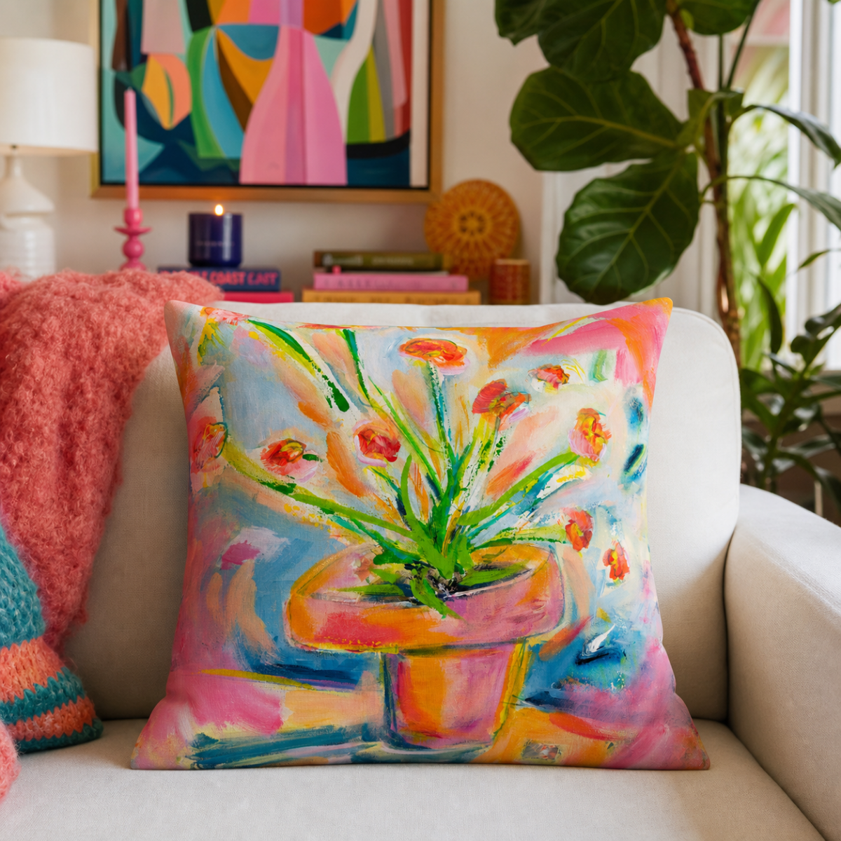 Cotton Pillow Floral Painting Print Fine Art Home Decor Colorful Modern Abstract Gift Idea for Art Lovers Custom Personalized Throw Accent