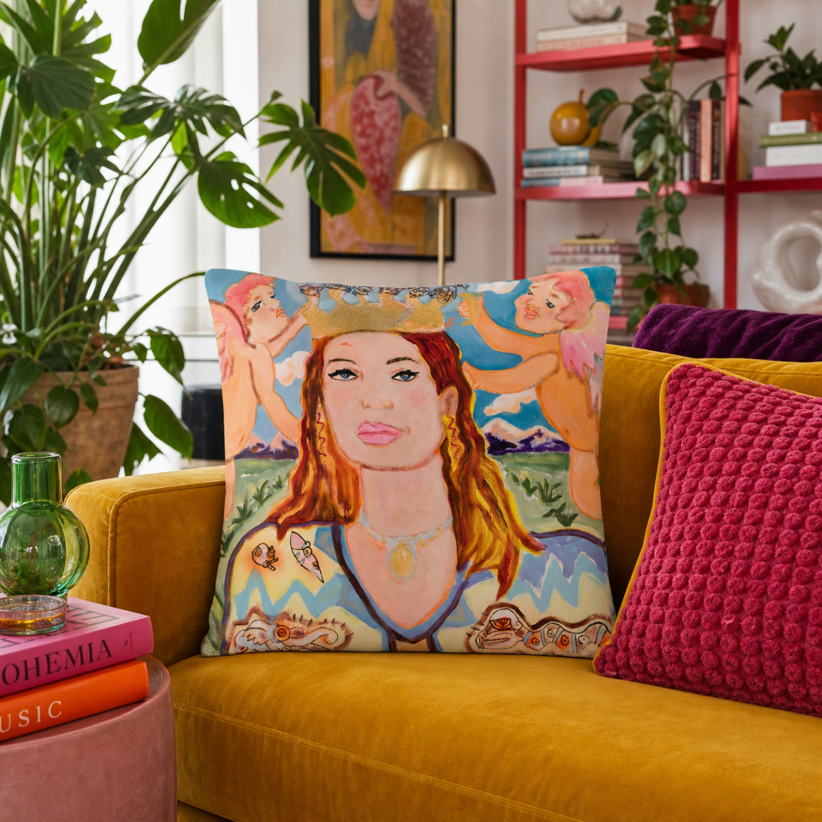 Cotton Pillow Woman Queen Painting Portrait Print Colorful Modern Home Décor Fine Art Gift Idea for Housewarming Abstract Throw Accent