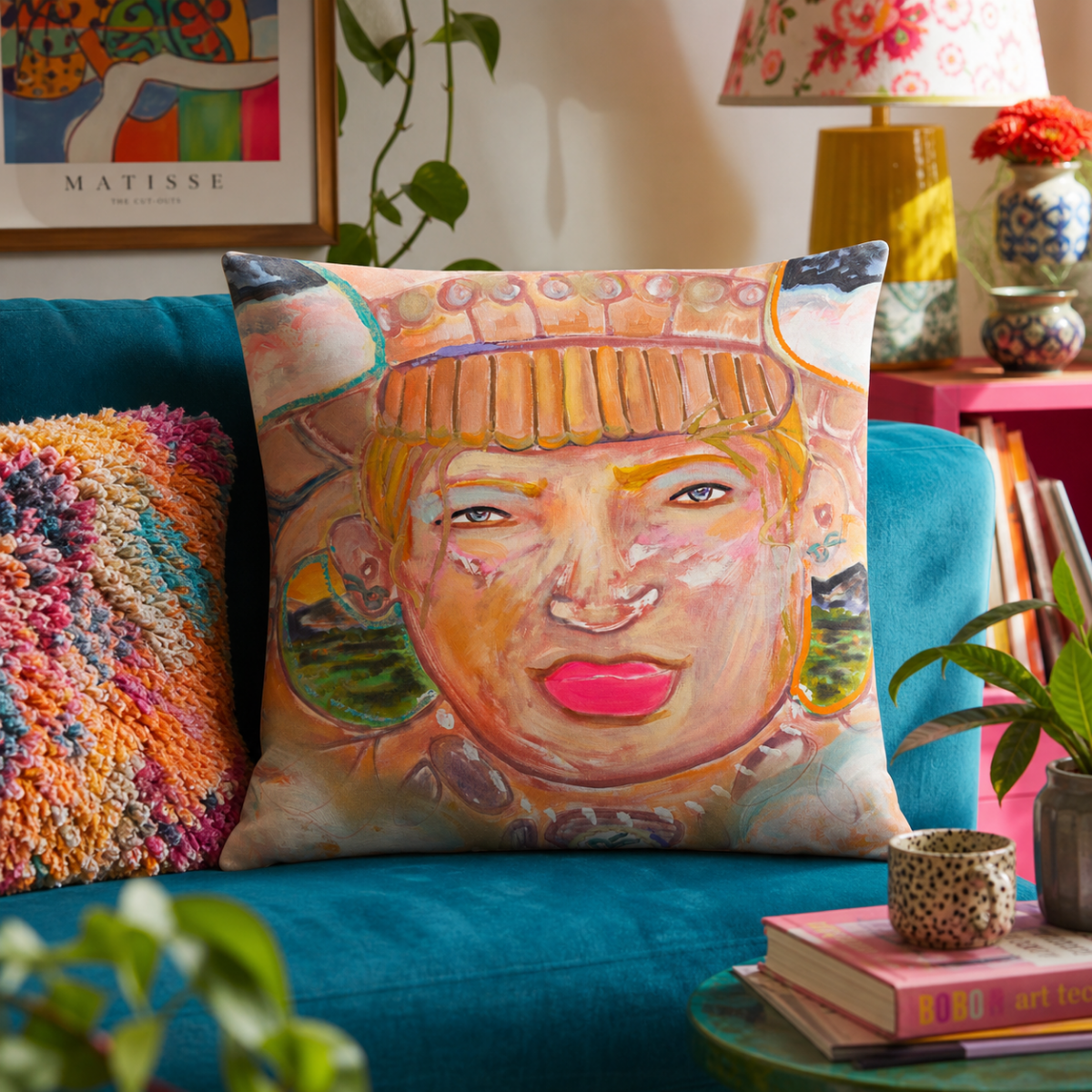 Cotton Pillow Native Painting Portrait Print Colorful Modern Home Décor Fine Art Gift Idea for Housewarming Abstract Throw Accent Pillow Art