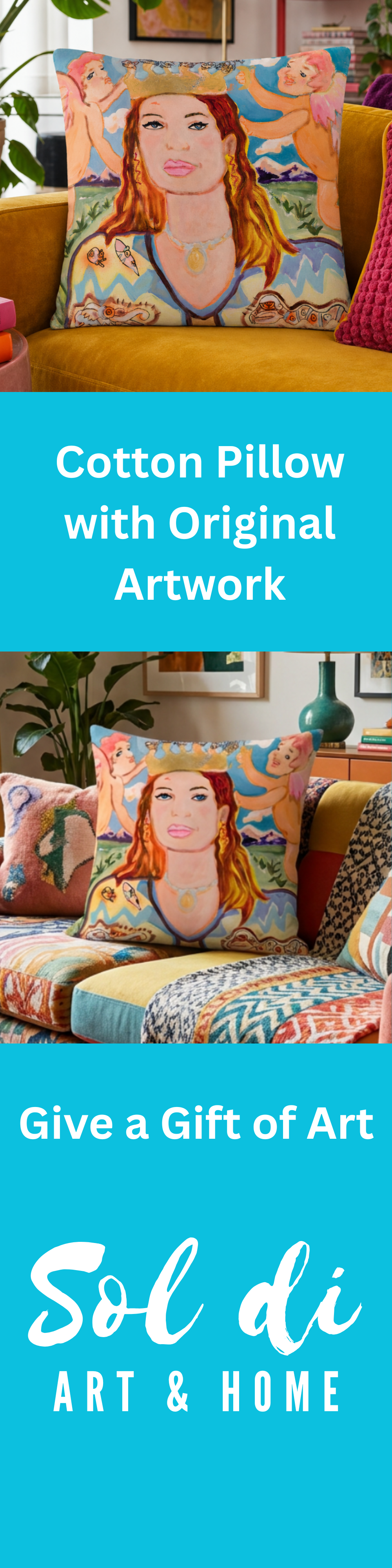 Cotton Pillow Woman Queen Painting Portrait Print Colorful Modern Home Décor Fine Art Gift Idea for Housewarming Abstract Throw Accent