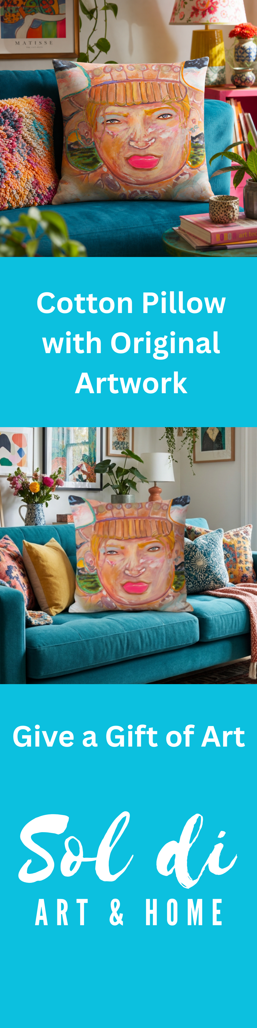 Cotton Pillow Native Painting Portrait Print Colorful Modern Home Décor Fine Art Gift Idea for Housewarming Abstract Throw Accent Pillow Art