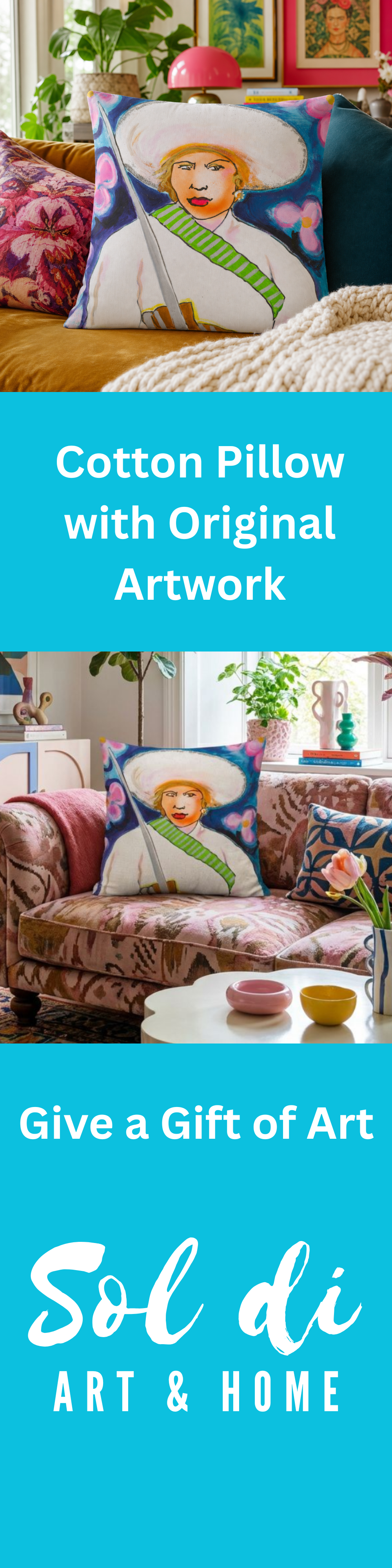 Cotton Pillow Woman Painting Portrait Print Colorful Modern Home Décor Fine Art Gift Idea for Art Lovers Nature Abstract Hispanic Housewarming