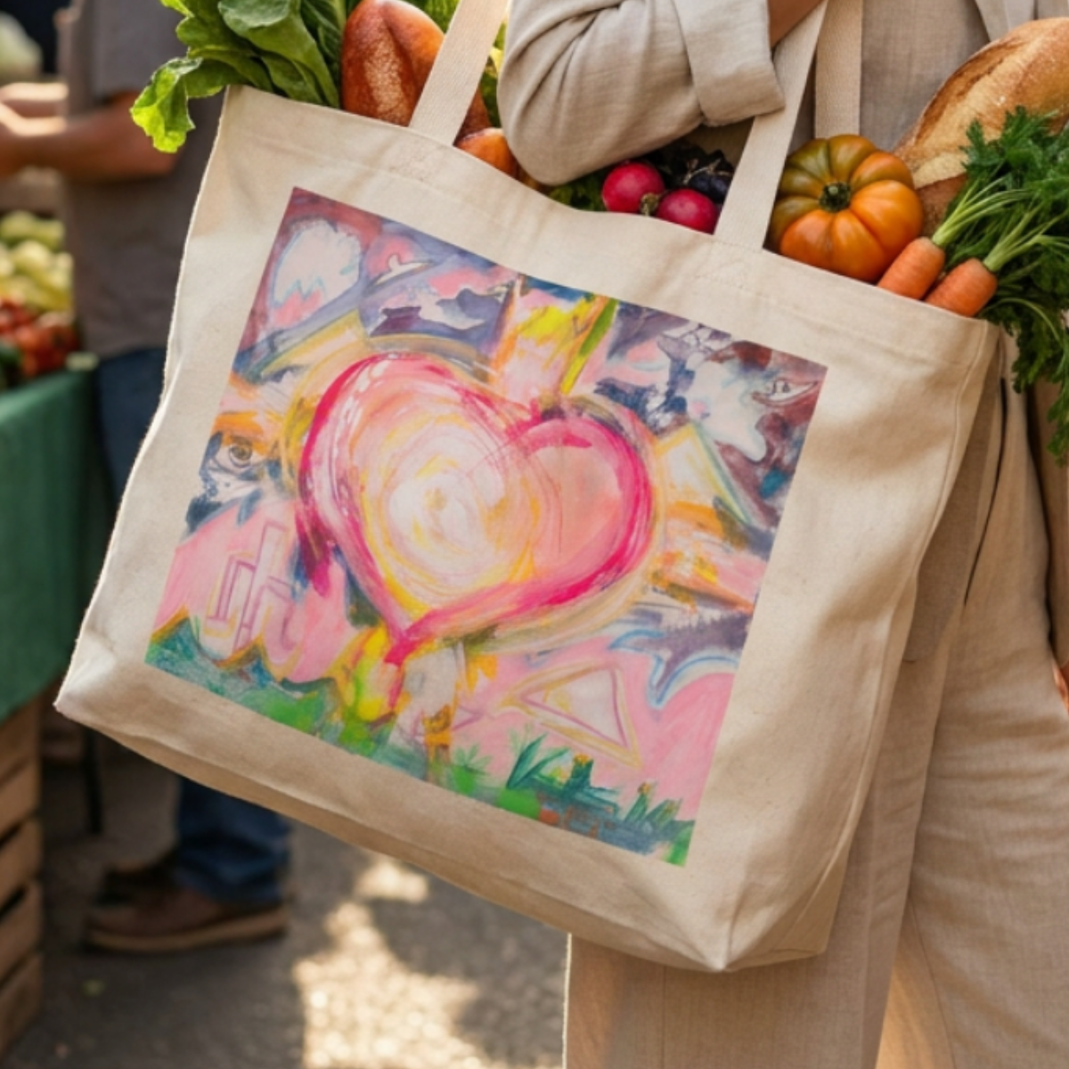 Oversized Tote Bag Heart Painting Print Fine Art Home Decor Colorful Modern Abstract Gift Idea for Art Lovers Canvas Custom Personalized