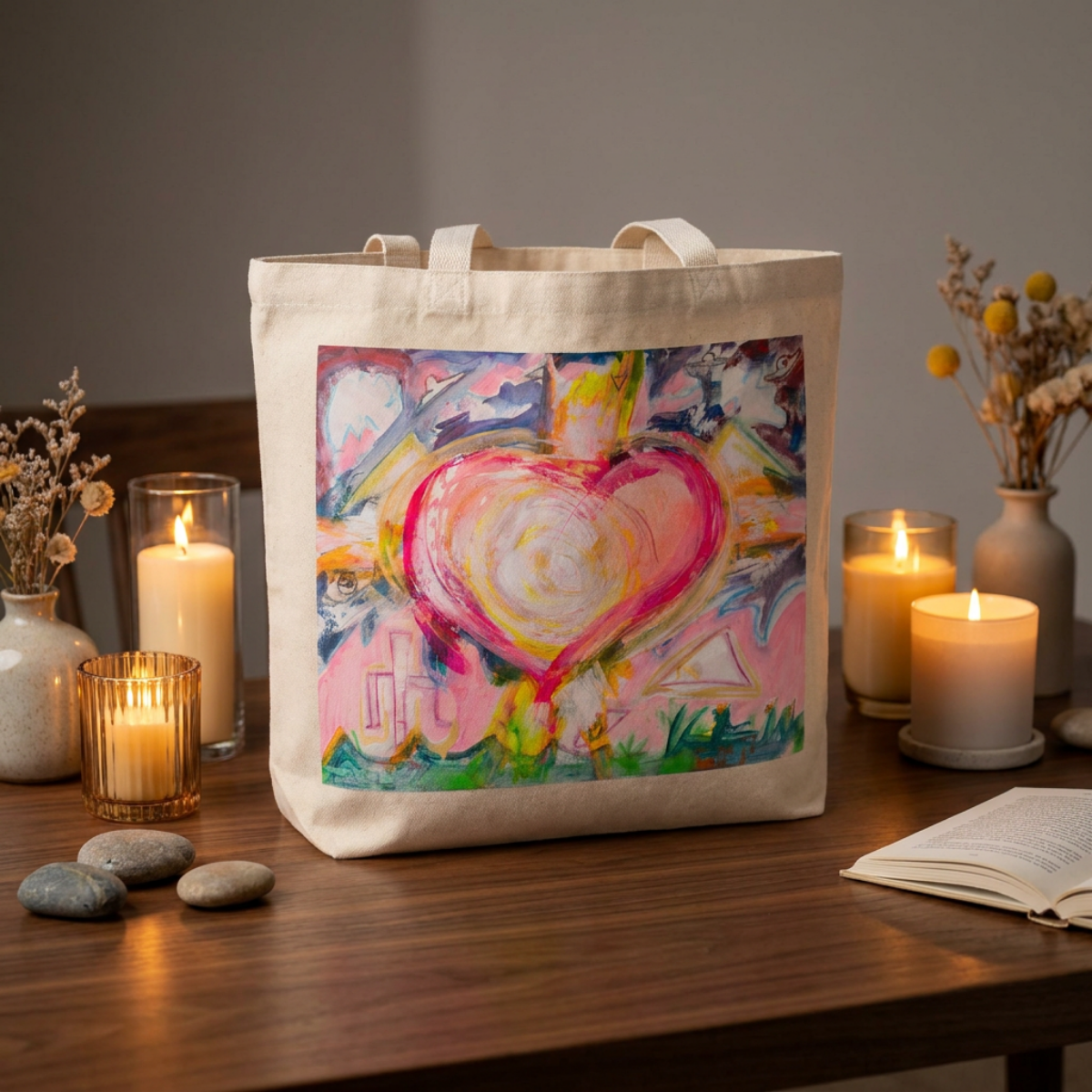 Oversized Tote Bag Heart Painting Print Fine Art Home Decor Colorful Modern Abstract Gift Idea for Art Lovers Canvas Custom Personalized