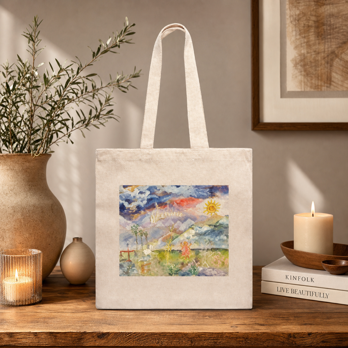 Tote Bag Heavyweight Hollywood Landscape Painting Fine Art Home Decor Colorful Modern Abstract Gift Idea for Art Lovers Canvas Cotton Large Purse