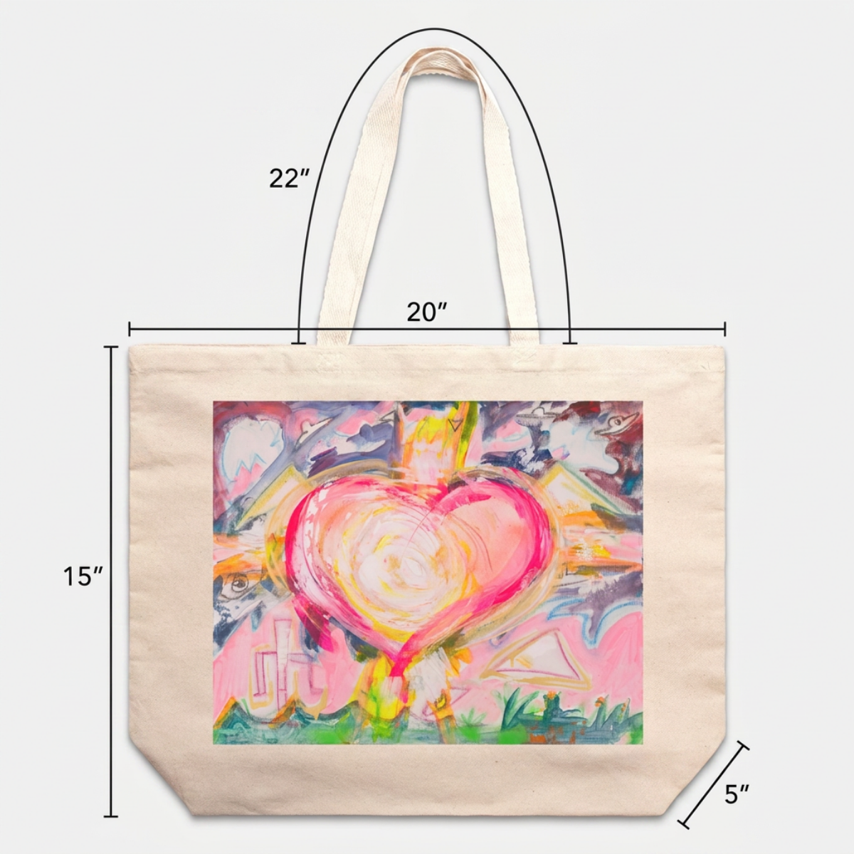 Oversized Tote Bag Heart Painting Print Fine Art Home Decor Colorful Modern Abstract Gift Idea for Art Lovers Canvas Custom Personalized