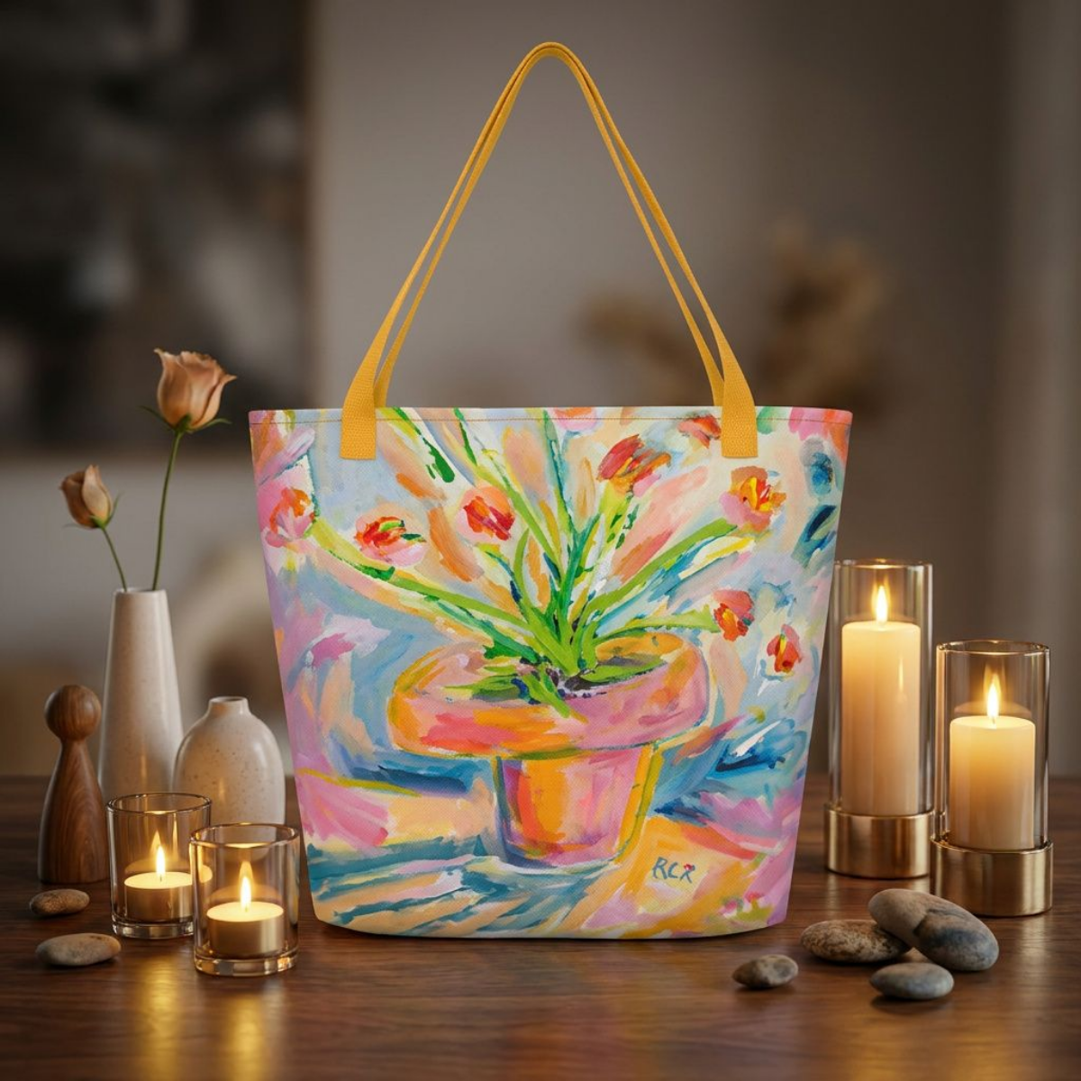Large Tote Bag Floral Painting Print Fine Art Home Decor Colorful Modern Abstract Gift Idea for Art Lovers Custom Personalized