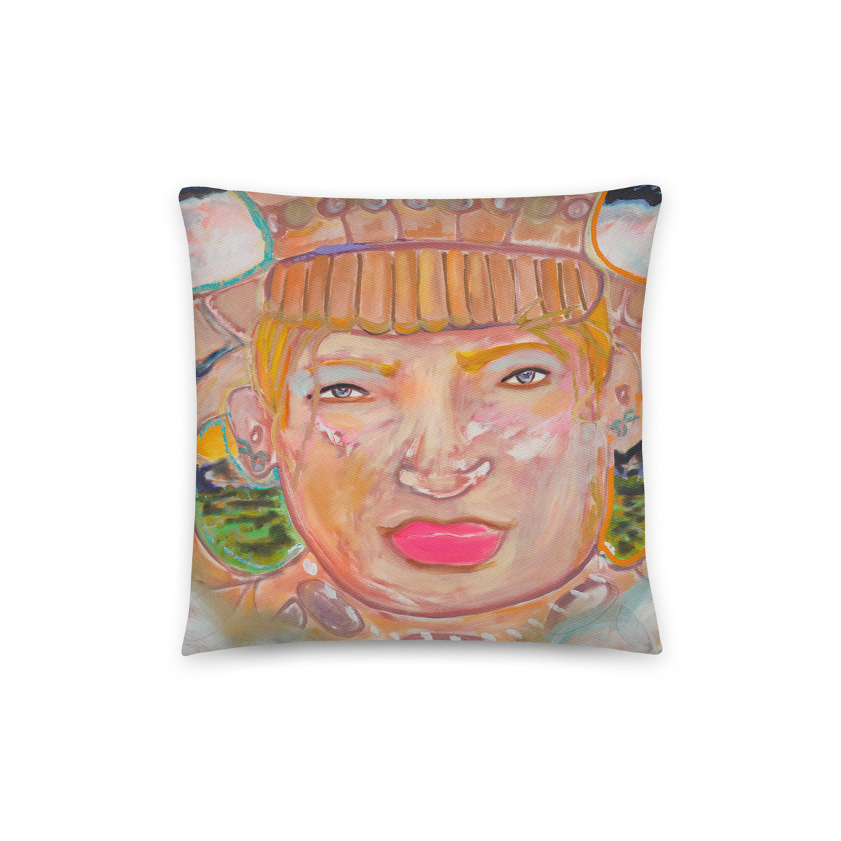 Cotton Pillow Native Painting Portrait Print Colorful Modern Home Décor Fine Art Gift Idea for Housewarming Abstract Throw Accent Pillow Art