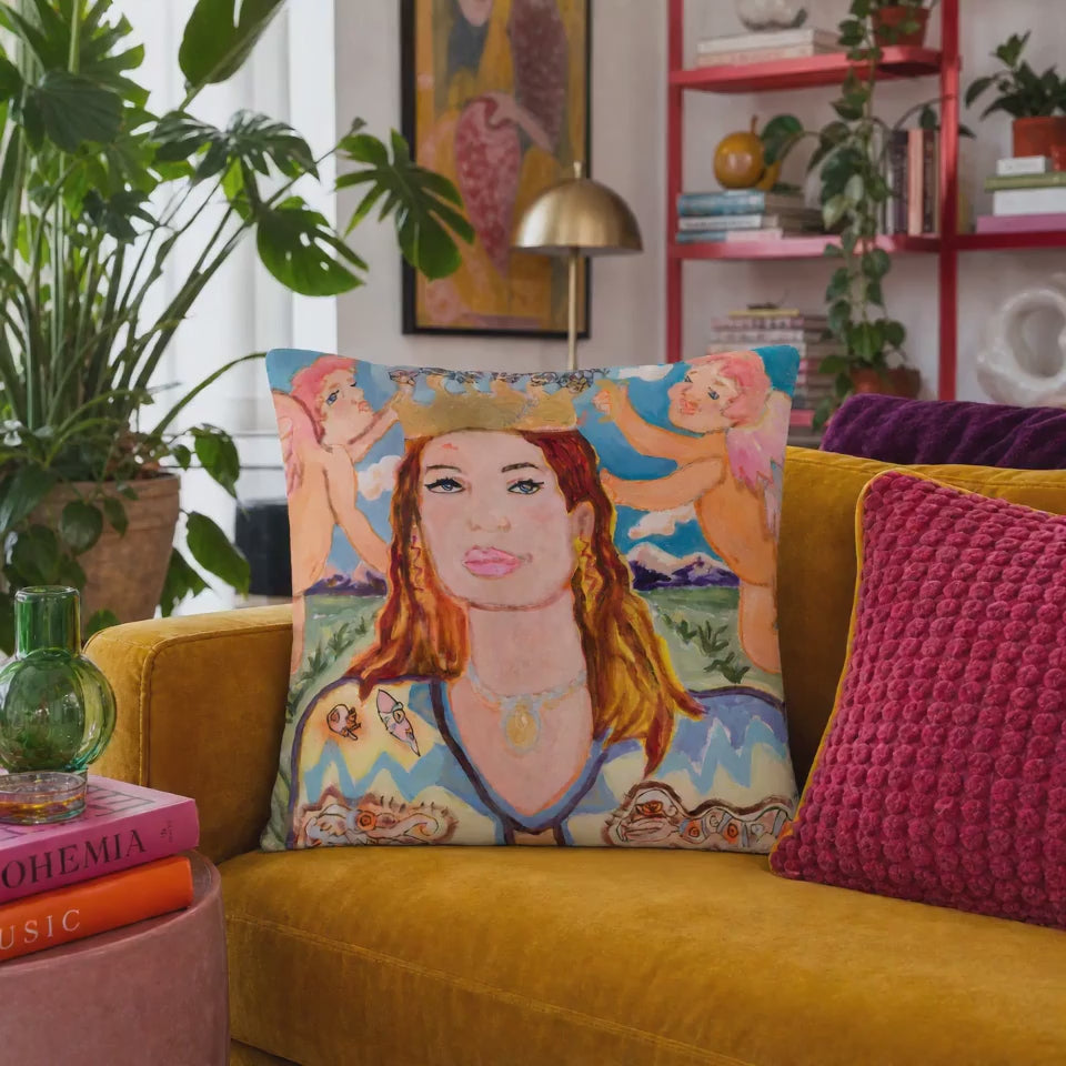 Cotton Pillow Woman Queen Painting Portrait Print Colorful Modern Home Décor Fine Art Gift Idea for Housewarming Abstract Throw Accent